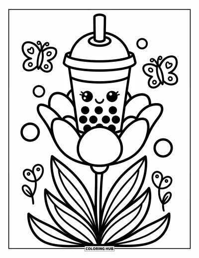 Tegning med bubble tea til voksne: En bubble tea-kop hviler på en kæmpe blomst med perler og flagrende sommerfugle