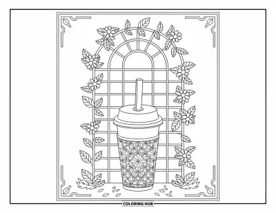 Tegning med bubble tea til voksne: En bubble tea-kop hviler under en espalier med vedbend og detaljerede blomsterdesigns