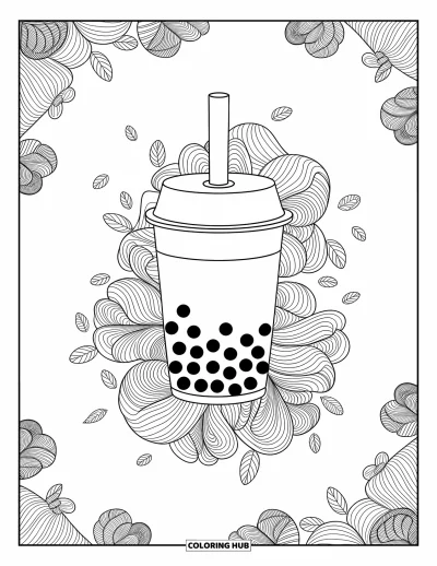 Tegning med bubble tea til voksne: En bubble tea-kop hviler blandt ornamenterede blomstermønstre og elegante blade, der fylder siden