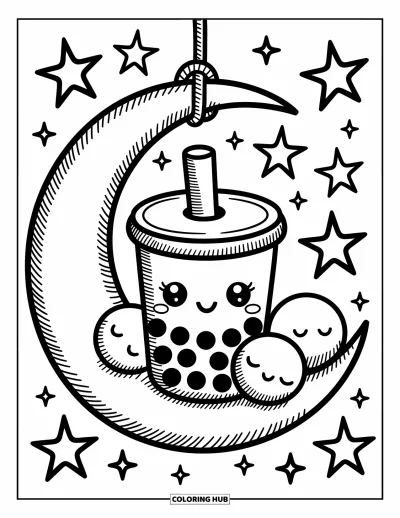 Tegning med bubble tea til voksne: En bubble tea-kop vugger blidt i en halvmånehængekøje med sovende perler ved siden af