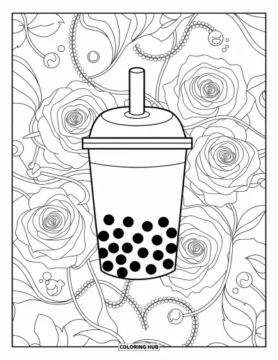 Tegning med bubble tea til voksne: En bubble tea-kop sidder blandt blomstrende roser, krøllede ranker og klynger af perler