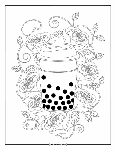 Tegning med bubble tea til voksne: En bubble tea-kop sidder blandt blomstrende roser, krøllede ranker og klynger af små perler