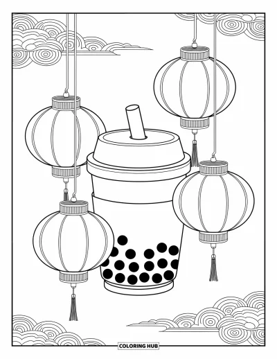 Tegning med bubble tea til voksne: En bubble tea-kop sidder blandt hængende lanterner med ornamentale designs og bløde skylinjer