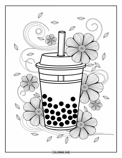 Tegning med bubble tea til voksne: En bubble tea-kop sidder blandt svirpende blomstermønstre og blidt svævende blade