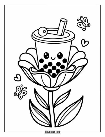 Tegning med bubble tea til voksne: En bubble tea-kop sidder oven på en stor blomst med perler på bløde kronblade