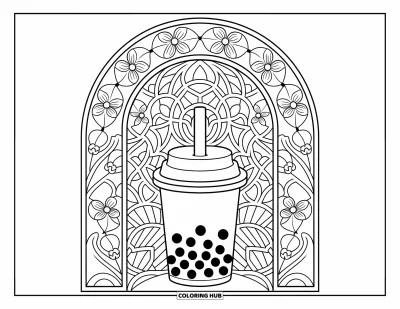 Tegning med bubble tea til voksne: En bubble tea-kop sidder under en buet espalier dækket af vedbend og stiliserede blomster