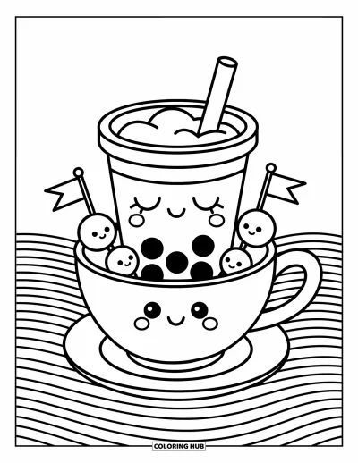 Tegning med bubble tea til voksne: En bubble tea-kop sidder roligt i en tekopsbåd, mens perler vifter med små flag