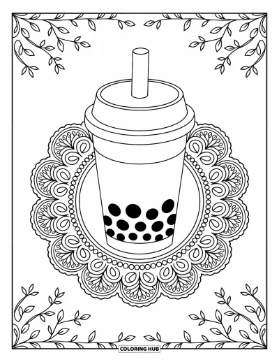 Tegning med bubble tea til voksne: En bubble tea-kop sidder elegant på en dug omgivet af intrikate ranker og blomsterdesigns