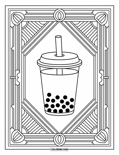 Tegning med bubble tea til voksne: En bubble tea-kop sidder i en stor ornamenteret ramme med flydende, symmetriske art deco-detaljer