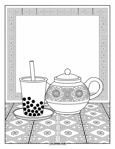 Tegning med bubble tea til voksne: En bubble tea-kop sidder ved en ornamenteret tekande omgivet af geometriske og blomstrede mønstre