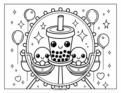 Tegning med bubble tea til voksne: En bubble tea-kop sidder i et pariserhjulssæde omgivet af svævende stjerner og balloner
