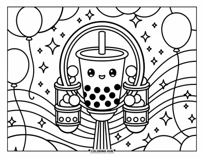 Tegning med bubble tea til voksne: En bubble tea-kop sidder i et pariserhjulssæde med små perlevenner i nærheden