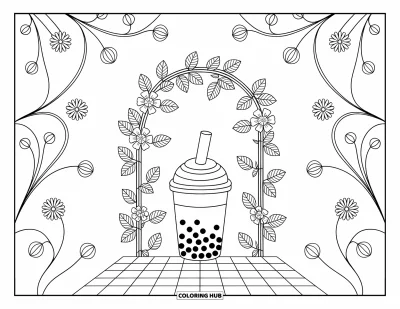 Tegning med bubble tea til voksne: En bubble tea-kop sidder under en espalier overvokset med blomstrende vedbend og svirpende blomstermønstre