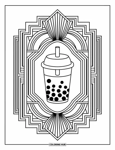 Tegning med bubble tea til voksne: En bubble tea-kop sidder inden i en ornamenteret art deco-ramme med elegante symmetriske mønstre