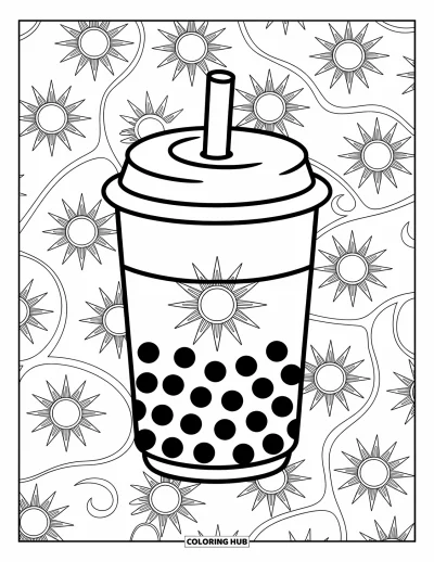 Tegning med bubble tea til voksne: En bubble tea-kop står blandt svirpende mandaladesigns af sole og halvmåner