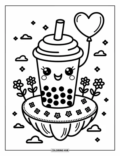 Tegning med bubble tea til voksne: En bubble tea-kop står på en svævende ø og holder en hjerteballon med blomster rundt om