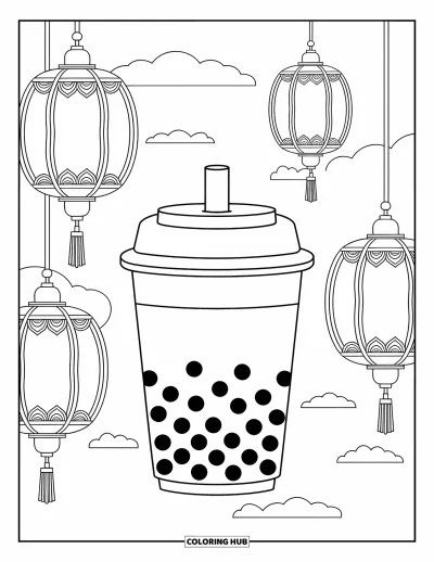 Tegning med bubble tea til voksne: En bubble tea-kop står med intrikate lanterner og bløde skyer svævende rundt om