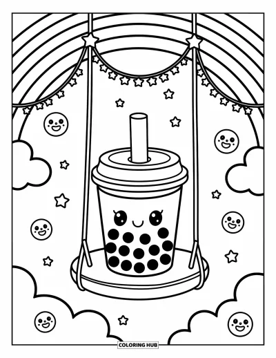 Tegning med bubble tea til voksne: En bubble tea-kop gynger under en regnbue med smilende bobler og stjerneguirlander