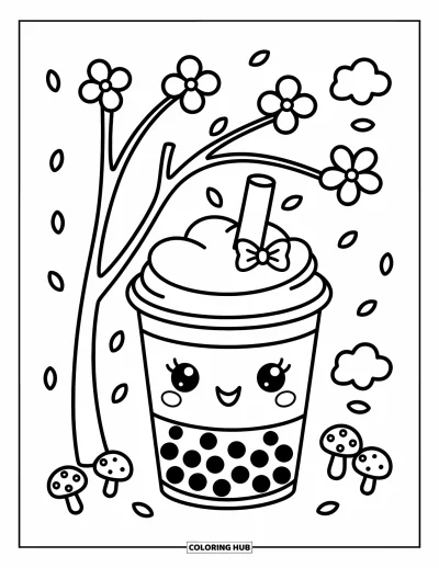 Tegning med bubble tea til voksne: En bubble tea-kop med sløjfe på sugerøret sidder under et kirsebærtræ med kronblade