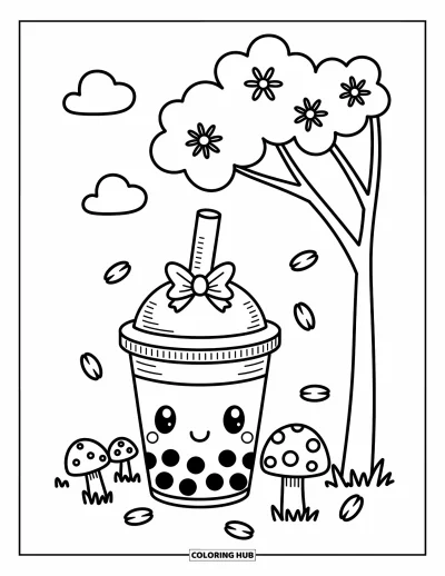 Tegning med bubble tea til voksne: En bubble tea-kop med en lille sløjfe sidder under et kirsebærtræ med svævende kronblade