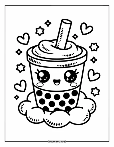 Tegning med bubble tea til voksne: En bubble tea-kop med store funklende øjne sidder på en sky med hjerter og blomster