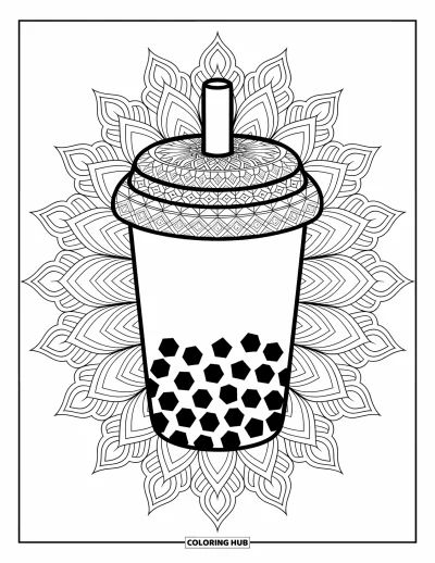 Tegning med bubble tea til voksne: En bubble tea-kop med markante mandala-mønstre inden for en delikat, intrikat ramme