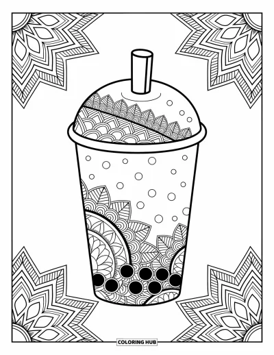 Tegning med bubble tea til voksne: En bubble tea-kop med geometriske mandaladesigns omgivet af intrikate mandalarammer