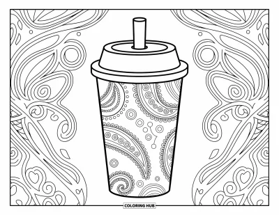Tegning med bubble tea til voksne: En bubble tea-kop med indviklede paisleymønstre omgivet af delikate svirpende baggrunde