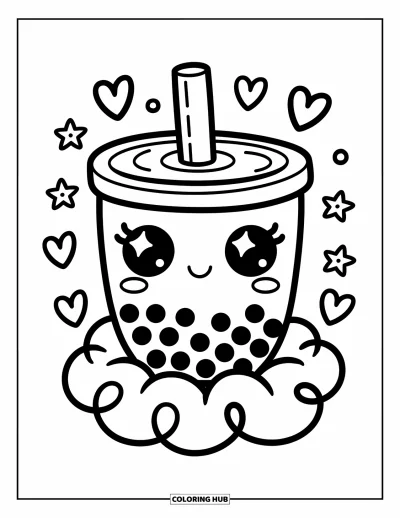 Tegning med bubble tea til voksne: En bubble tea-kop med funklende øjne sidder på en blød sky omgivet af hjerter og stjerner