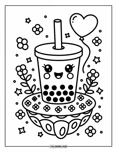 Tegning med bubble tea til voksne: En munter bubble tea-kop holder en hjerteballon på en svævende ø med blomster og svirp