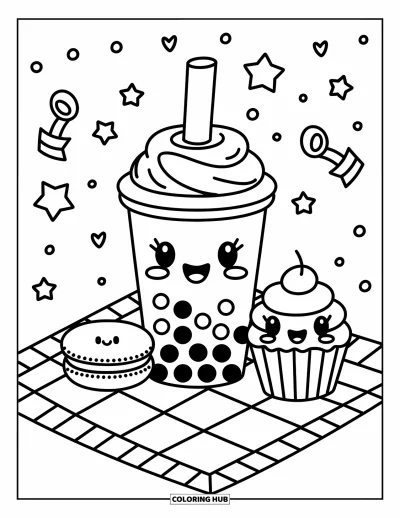 Tegning med bubble tea til voksne: En munter bubble tea-kop deler en picnic med en glad makron og en cupcake