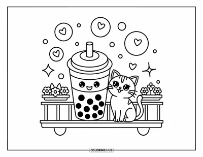 Tegning med bubble tea til voksne: En munter bubble tea-kop sidder på en cafébalkon med en kat og svævende bobler