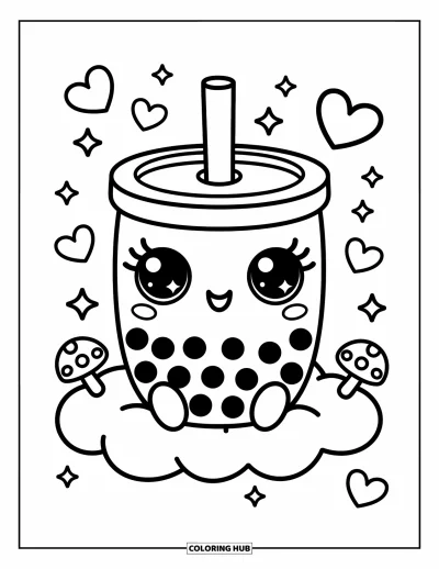 Tegning med bubble tea til voksne: En buttet bubble tea-kop med funklende øjne sidder på en blød sky med svævende hjerter
