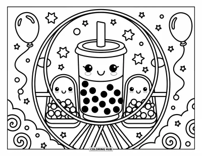 Tegning med bubble tea til voksne: En varm bubble tea-kop kører i et pariserhjul omgivet af balloner og stjerner