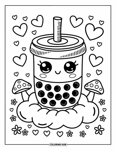 Tegning med bubble tea til voksne: En sød bubble tea-kop hviler på en sky omgivet af hjerter, små svampe og stjerner