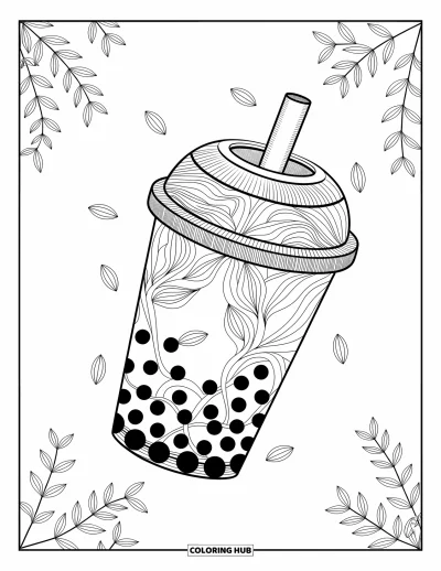 Tegning med bubble tea til voksne: En detaljeret bubble tea-kop svæver blandt blomsterranker og drivende blade