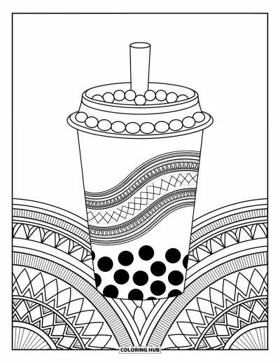Tegning med bubble tea til voksne: En detaljeret bubble tea-kop med mandalamønstre sidder foran en baggrund af elegante designs