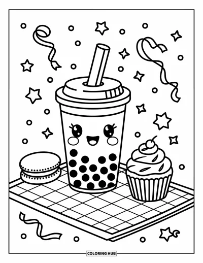 Tegning med bubble tea til voksne: En venlig bubble tea-kop sidder på en picnicmåtte med en smilende makron og cupcake