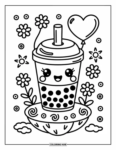 Tegning med bubble tea til voksne: En glad bubble tea-kop holder en hjerteballon på en lille ø med legende svirp