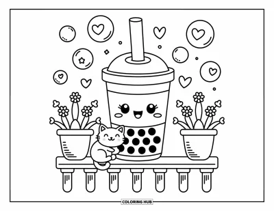 Tegning med bubble tea til voksne: En glad bubble tea-kop sidder på en cafébalkon med en legende kat og svævende bobler