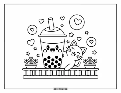Tegning med bubble tea til voksne: En glad bubble tea-kop står på en cafébalkon med urtepotter og svævende bobler
