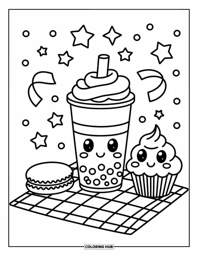 Tegning med bubble tea til voksne: En glad bubble tea-kop står på en picnicmåtte med en makron, cupcake og svævende stjerner