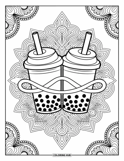 Tegning med bubble tea til voksne: Et par bubble tea-kopper med bånd står foran elegante filigranmønstre