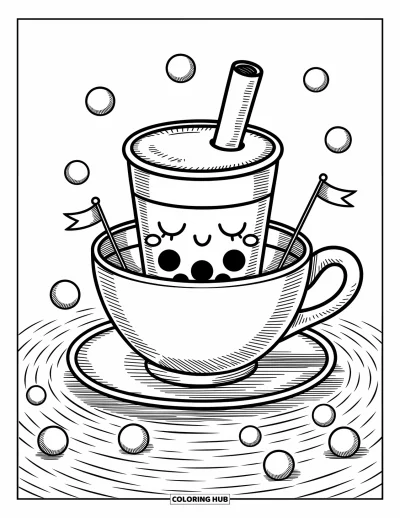 Tegning med bubble tea til voksne: En fredfyldt bubble tea-kop sidder i en tekopsbåd med perler, der holder små flag