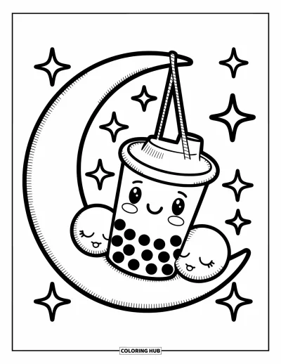 Tegning med bubble tea til voksne: En rund bubble tea-kop hviler i en månehængekøje omgivet af blinkende stjerner og perler
