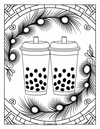 Tegning med bubble tea til voksne: To bubble tea-kopper sidder blandt påfuglefjer med intrikate linjer og elegante mønstre