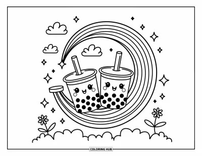 Tegning med bubble tea til voksne: To bubble tea-kopper sidder på en regnbuegynge med små blomster og krøllede linjer