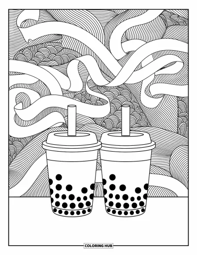 Tegning med bubble tea til voksne: To bubble tea-kopper viklet i bånd er sat mod intrikate, flydende filigrandesigns
