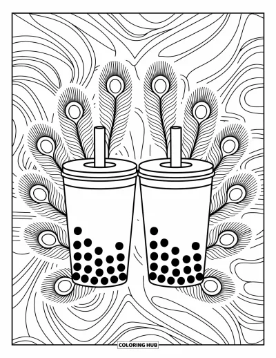 Tegning med bubble tea til voksne: To høje bubble tea-kopper omgivet af påfuglefjer og svirpende baggrundsdesigns