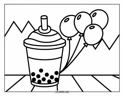 Tegning med bubble tea til børn: En stor bubble tea-kop med balloner svævende rundt og enkle zigzagmønstre i baggrunden